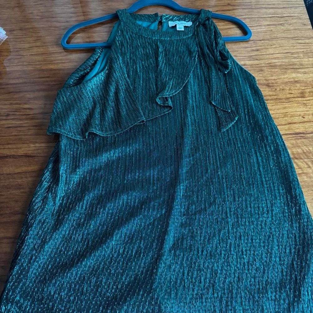 Nine West Green Metallic Vertical Ribbed Ruffle Halter Party Dress Womens L